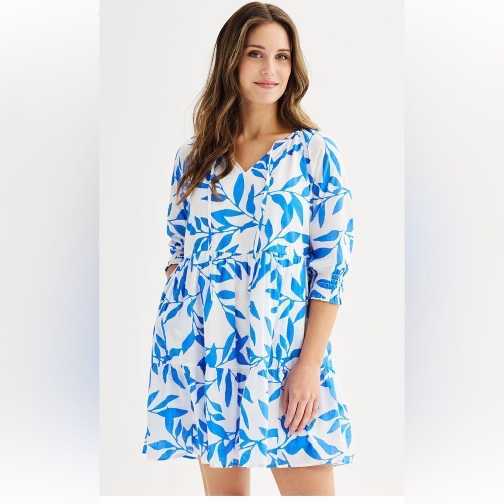 Sonoma Goods For Life® Tie Neck Tiered
Dress, bright blue & white, size M.